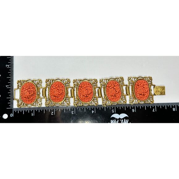 Vintage Rococo Gold-Tone Bracelet with Red Coral Accents - Ornate Design - Picture 7 of 12